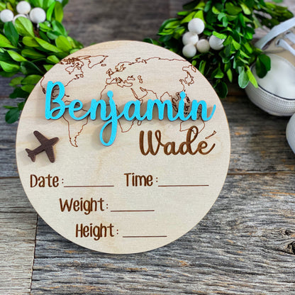 Custom laser cut Baby Birth Announcement, World Traveler, Wood baby photo pro