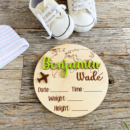 Custom laser cut Baby Birth Announcement, World Traveler, Wood baby photo pro