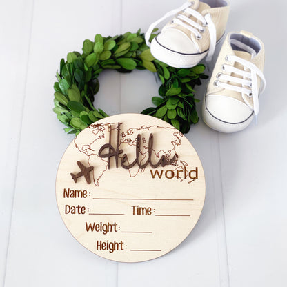 Personalized laser cut Baby Birth Announcement, World Traveler, Wood baby photo prop