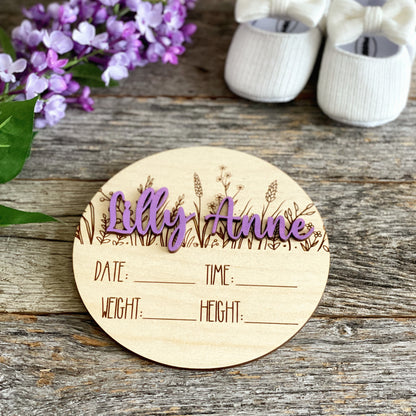 Custom laser engraved Baby Birth Announcement, wildflowers, Wood baby photo prop