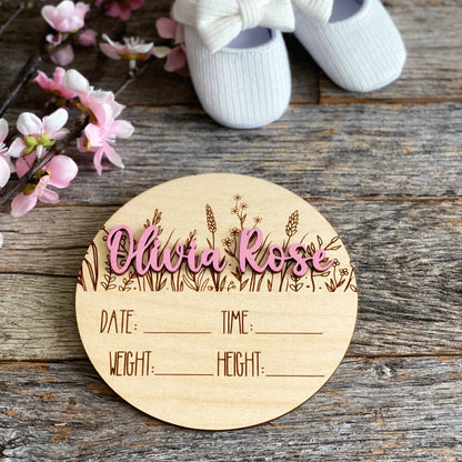 Custom laser engraved Baby Birth Announcement, wildflowers, Wood baby photo prop