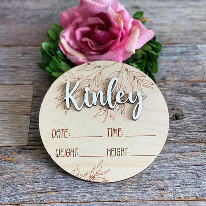 Custom laser engraved Baby Birth Announcement, Eucalyptus, Wood baby photo prop