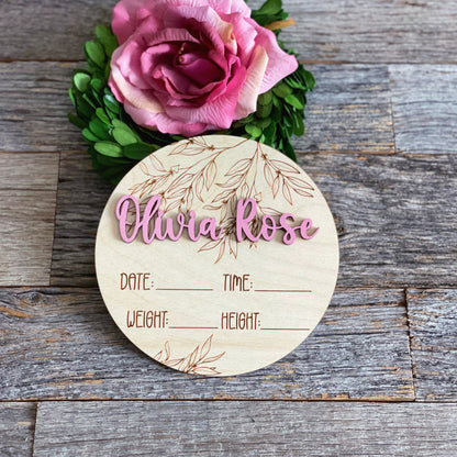 Custom laser engraved Baby Birth Announcement, Eucalyptus, Wood baby photo prop