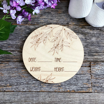 Custom laser engraved Baby Birth Announcement, Eucalyptus, Wood baby photo prop