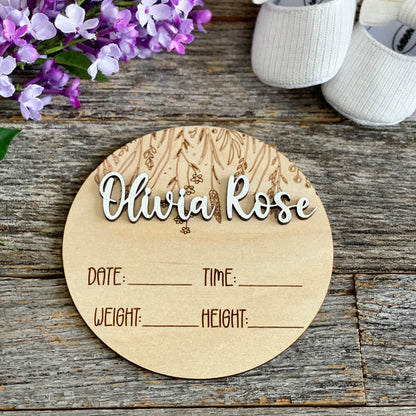 Custom laser engraved Baby Birth Announcement, wildflowers, Wood baby photo prop