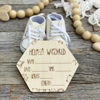 Laser engraved Baby Birth Announcement, adorable baby animals, wooden baby gift