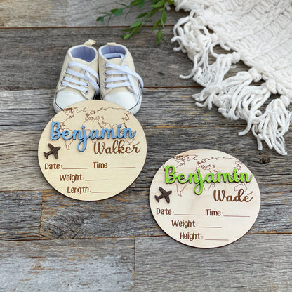 Custom laser engraved Baby Birth Announcement, World Traveler, Wood baby photo prop