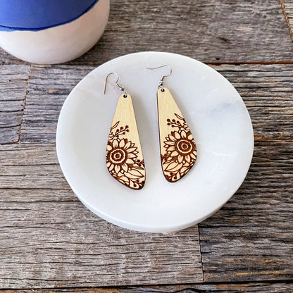 Laser cut and engraved wood sunflower earrings