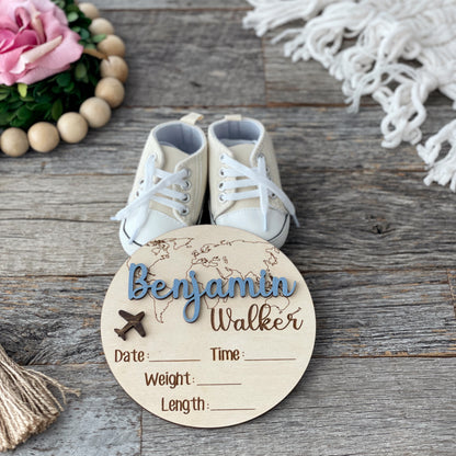 Custom laser cut Baby Birth Announcement, World Traveler, Wood baby photo pro