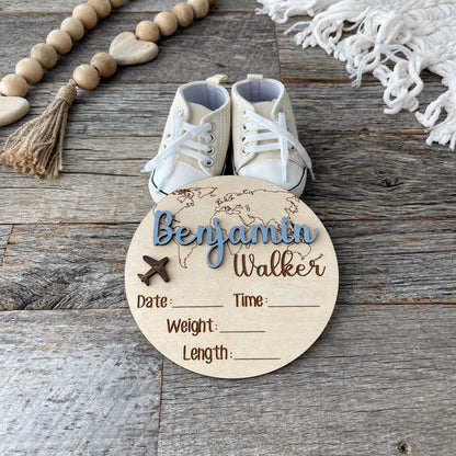 Custom laser cut Baby Birth Announcement, World Traveler, Wood baby photo pro