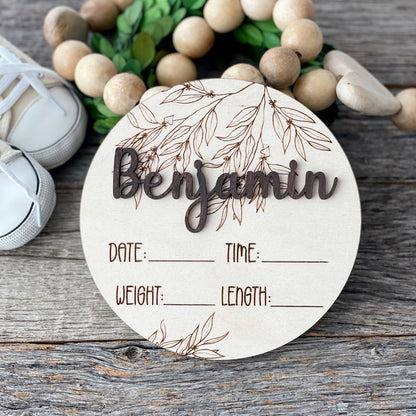 Custom laser engraved Baby Birth Announcement, Eucalyptus, Wood baby photo prop