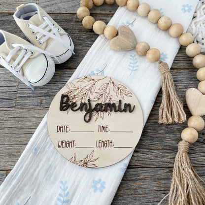 Custom laser engraved Baby Birth Announcement, Eucalyptus, Wood baby photo prop