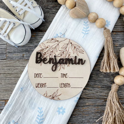 Custom laser engraved Baby Birth Announcement, Eucalyptus, Wood baby photo prop