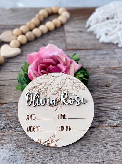 Custom laser engraved Baby Birth Announcement, Eucalyptus, Wood baby photo prop