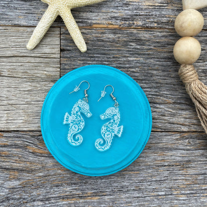 Stunning laser engraved acrylic Seahorse earrings