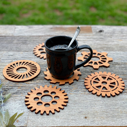 Laser cut gear coasters, gear cog coasters, engraved men's gifts