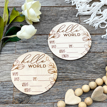 Laser engraved Baby Birth Announcement, magnolia, wooden baby gift, Hello World, baby name announcement