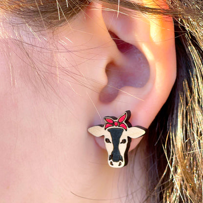 Adorable cow laser cut stud earrings, laser engraved cow with headband studs