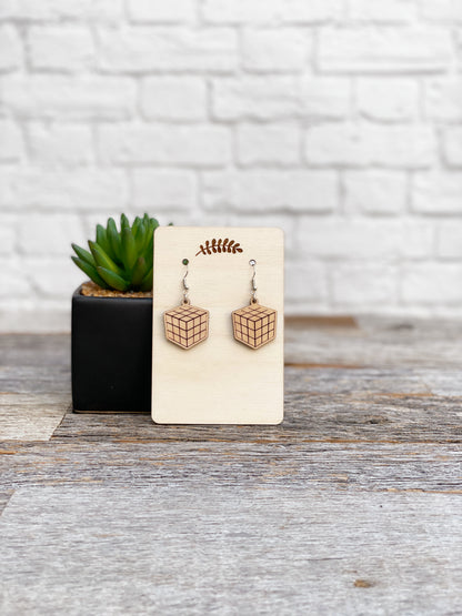 Laser cut retro minimalist Rubik's cube earrings, laser engraved wood puzzle cube earrings