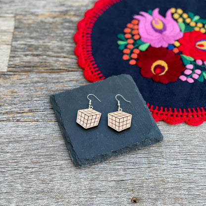 Laser cut retro minimalist Rubik's cube earrings, laser engraved wood puzzle cube earrings