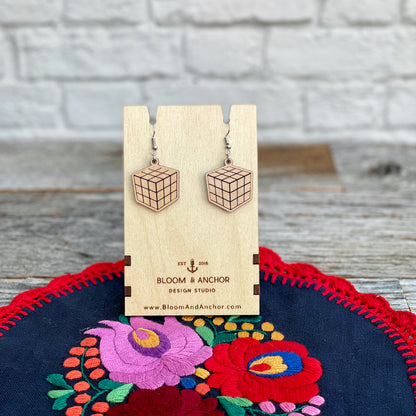 Laser cut retro minimalist Rubik's cube earrings, laser engraved wood puzzle cube earrings