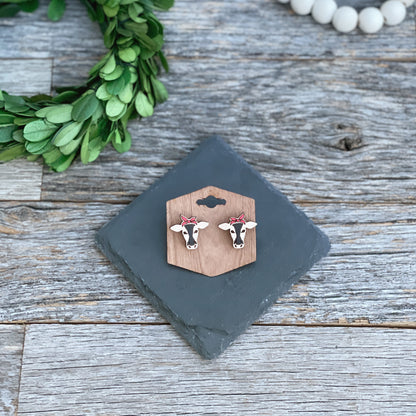 Adorable cow laser cut stud earrings, laser engraved cow with headband studs