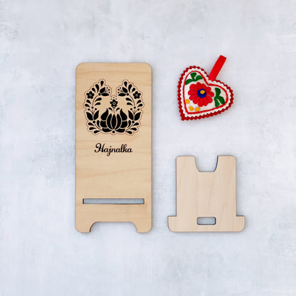 Laser Engraved Phone Stand, custom wood cell phone stand with floral folk motif