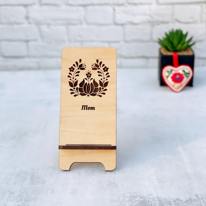 Laser Engraved Phone Stand, custom wood cell phone stand with floral folk motif