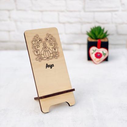 Laser Engraved Phone Stand, custom wood cell phone stand with Hungarian floral folk motif