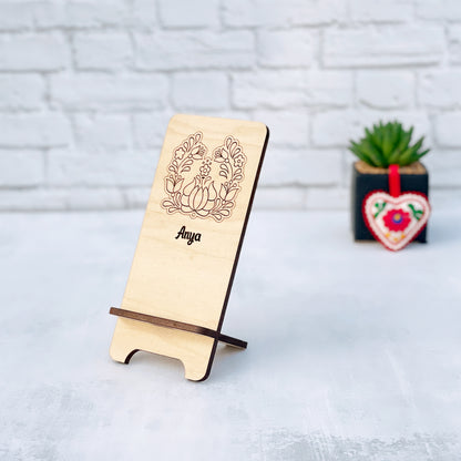 Laser Engraved Phone Stand, custom wood cell phone stand with floral folk motif