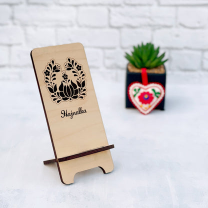 Laser Engraved Phone Stand, custom wood cell phone stand with floral folk motif