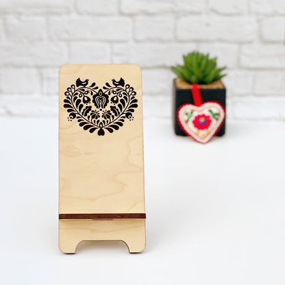 Laser Engraved Phone Stand, custom wood cell phone stand with Hungarian floral folk motif