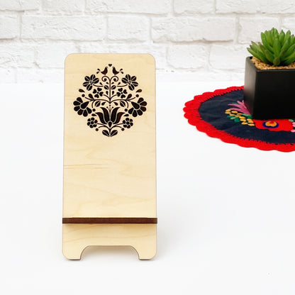 Laser Engraved Phone Stand, custom wood phone stand with Hungarian floral folk motif