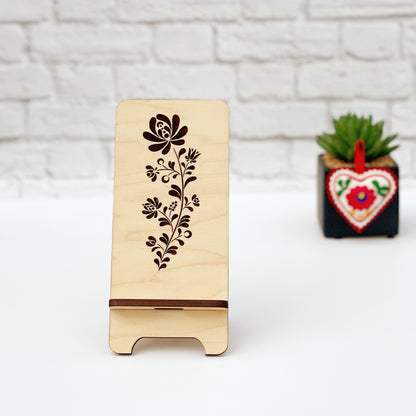 Laser Engraved Phone Stand, custom wood phone stand with Hungarian floral folk motif