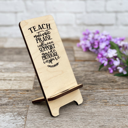 Laser Engraved Phone Stand for Teachers, custom wood cell phone stand for Teacher