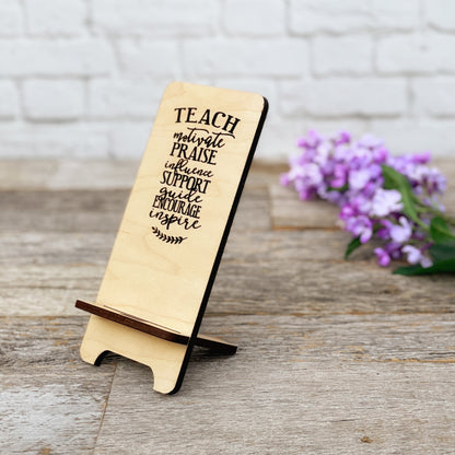 Laser Engraved Phone Stand for Teachers, custom wood cell phone stand for Teacher