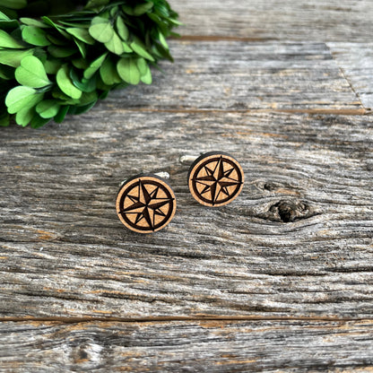 Laser engraved wooden cufflinks with compass