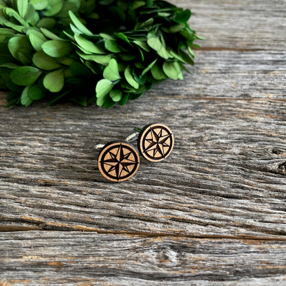 Laser engraved wooden cufflinks with compass