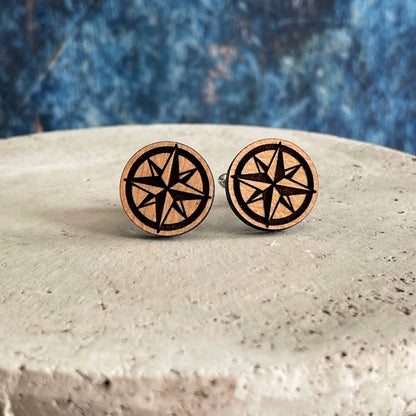 Laser engraved wooden cufflinks with compass