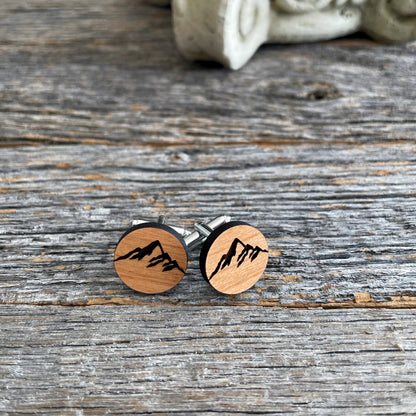 Engraved wooden cufflinks with mountain ridge, mountain range