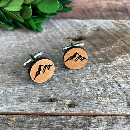 Engraved wooden cufflinks with mountain ridge, mountain range