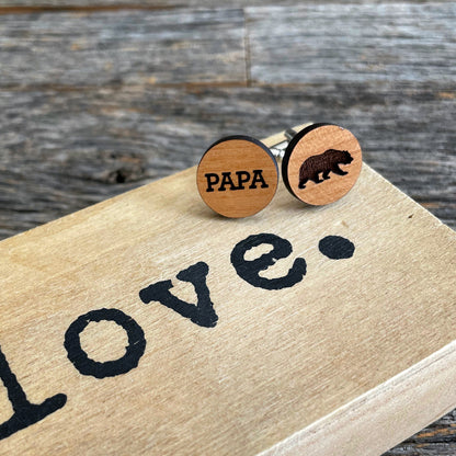 Engraved wooden cufflinks, Papa Bear