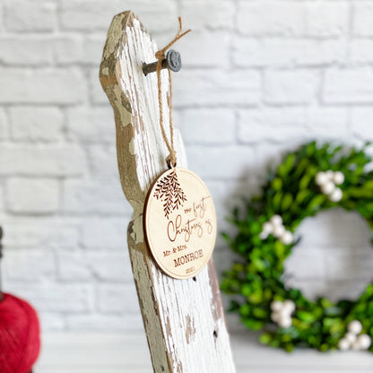 Our first Christmas custom engraved keepsake wooden ornament for Couples