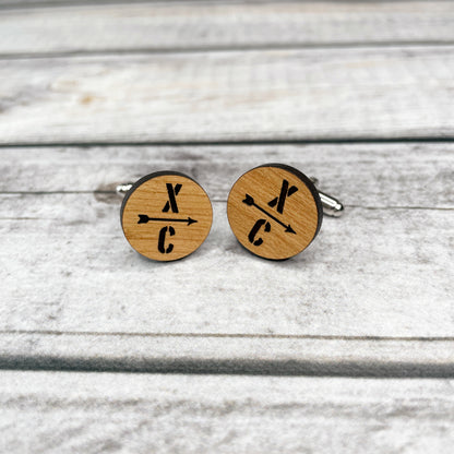 Engraved wood cufflinks for Cross Country runners, athletes